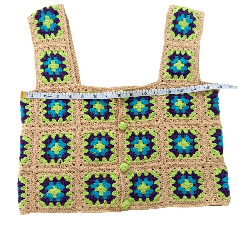 Zara Women Crochet Granny Square Button Front Crop Top Tan‎ Purple Teal Small - Picture 8 of 8